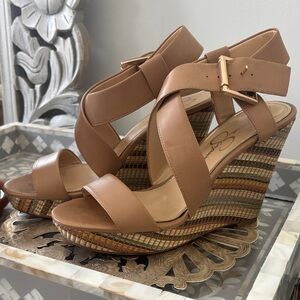 Jessica Simpson Tan Woven Wedge Sandals with Ankle Wrap and Gold Buckle